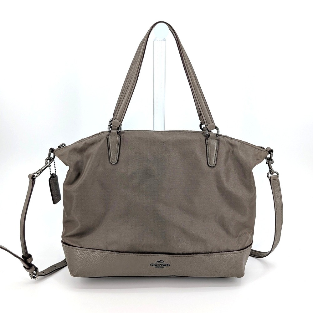 Coach Nylon Leather Satchel Crossbody Bag Taupe Brown Gunmetal Hardware F57902
